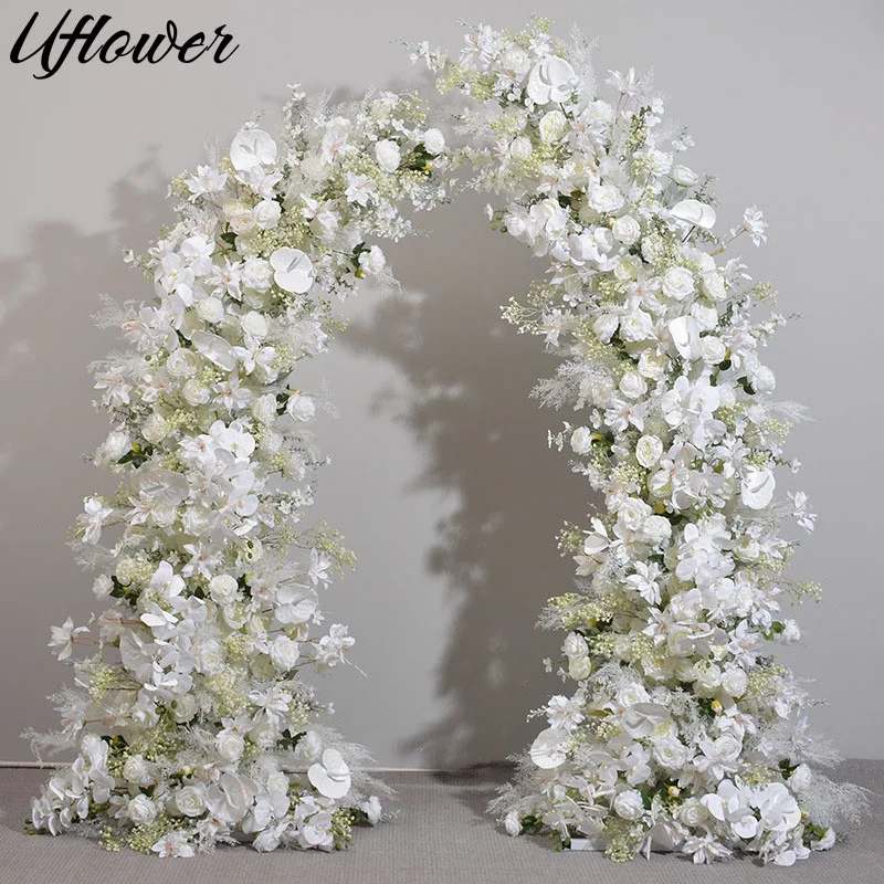 

Uflower White Rose Orchid Floral Arrangement Decor Horn Arch Wedding Backdrop Floor Flower Row Banquet Event Stage Party Props