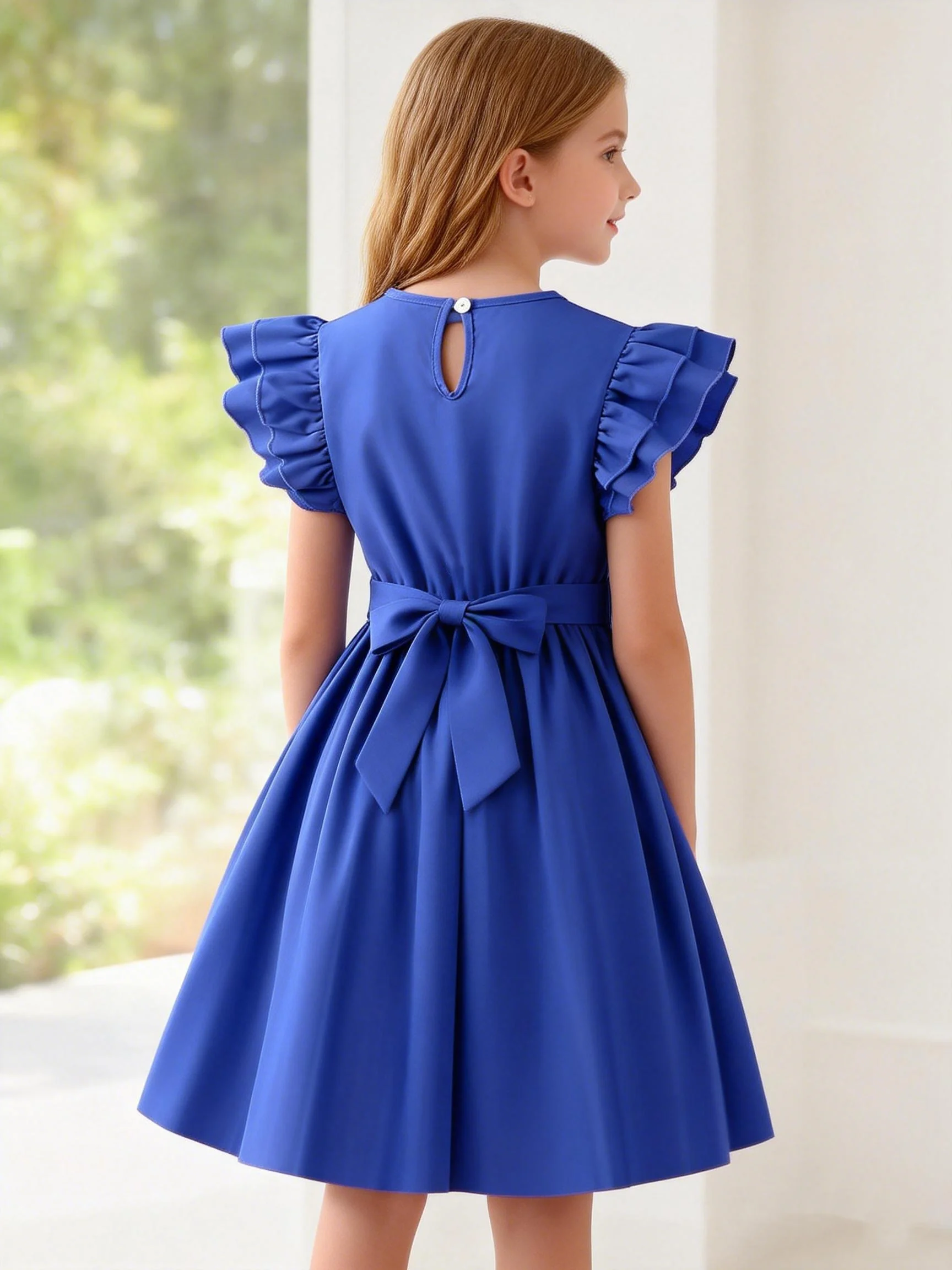 Mädchen-Urlaub, Freizeit, tägliche Ausflüge, doppellagiges Lotusblatt-Ärmel, einfarbiges Baumwollkleid mit Gürtel im Lieferumfang enthalten – Detail 3