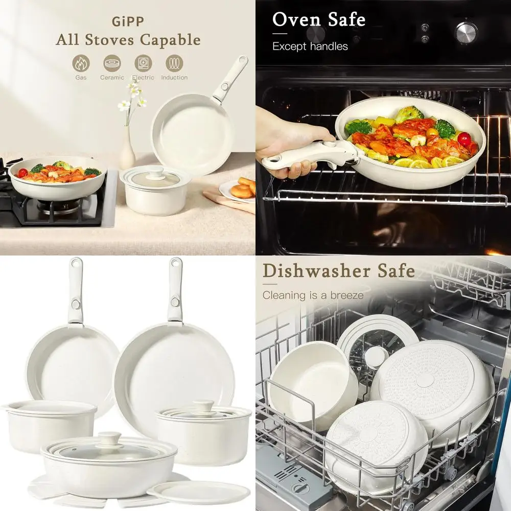 

15-Piece Non-Stick Detachable Handle Cookware Set, Healthy & Non-Toxic, Dishwasher & Oven Safe, Cream
