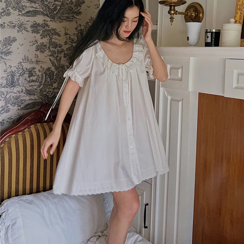 French Women Sweet Nightdress Large Size Cardigan 100% Cotton Nightie Princess Vintage Ruffles Collar Short Sleeve Nightgowns