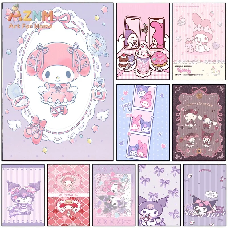 Sanrio My Melody Canvas Wall Art Unframed Print Lace Frame Bow Sweet Cartoon Poster for Bedroom Dorm Home Interior Wall Decor A