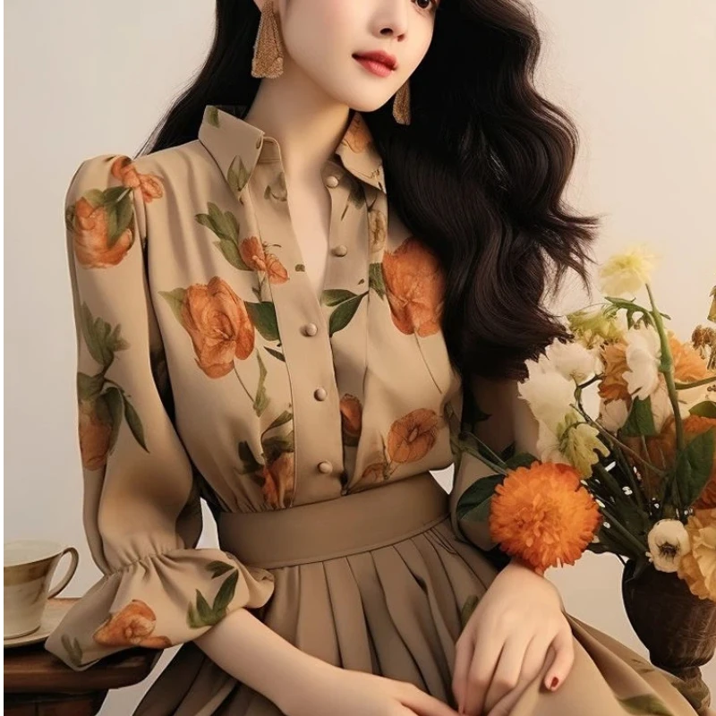 Temperament Button Floral Shirt Tops Spring New Polo Neck Printing Loose All-match Elegant Blouse Fashion Vintage Women Clothing