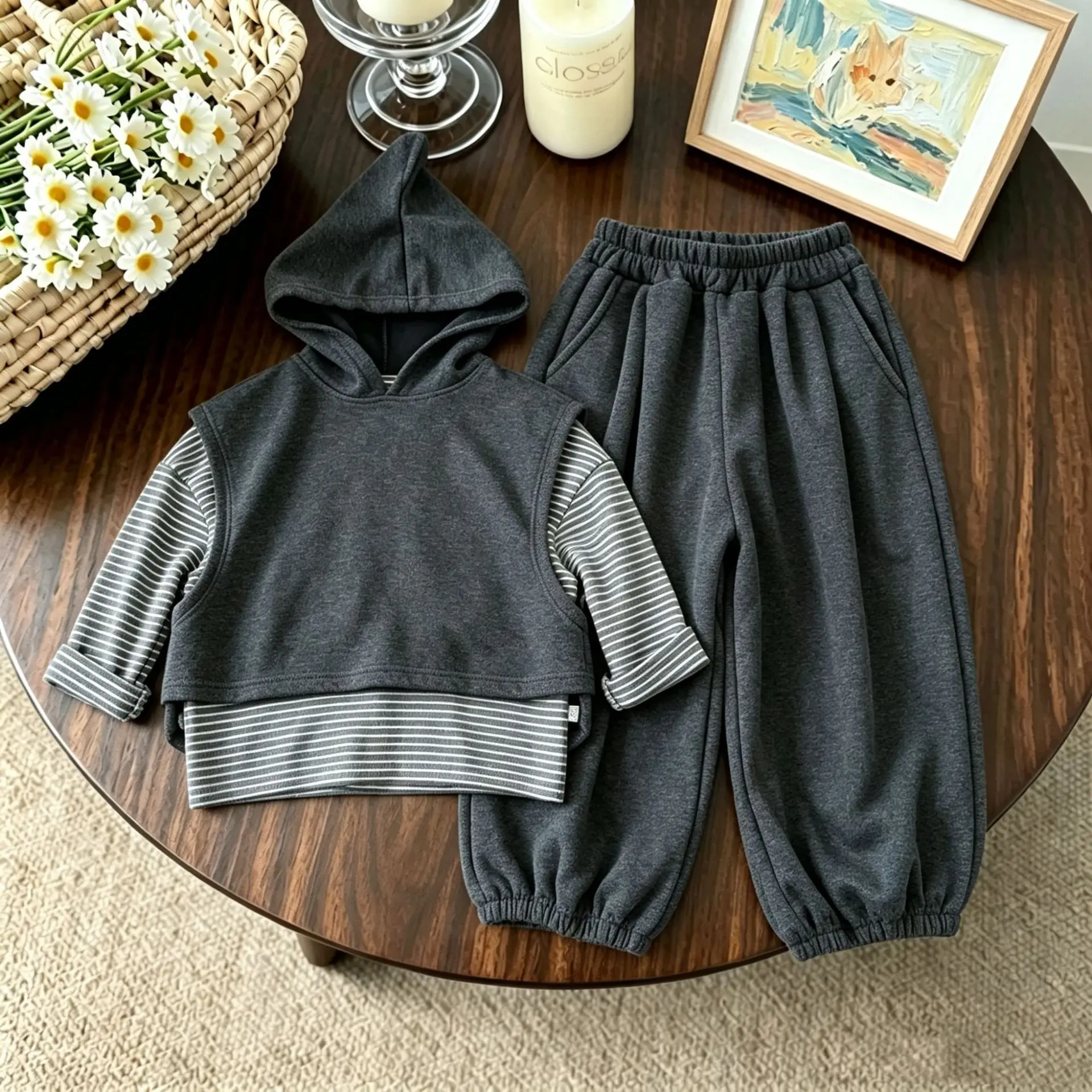 Boys and Girls Kids Autumn Sets Kids Korean Hoodie Vest and Long Sleeve Base Layer and Pure Cotton Pants Three Price Sets