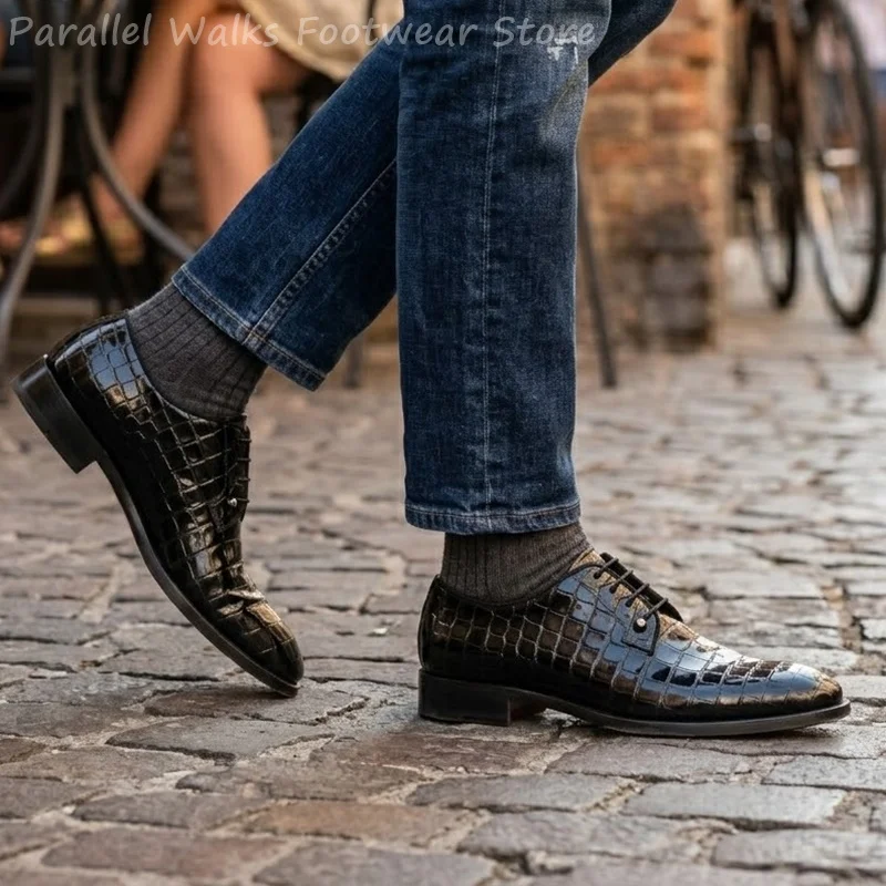 Men Patent Leather Oxford Shoes Crocodile Pattern Lace Up Dress Shoes Formal Party Wedding Footwear Shiny Flat Derby Oxfords view 6
