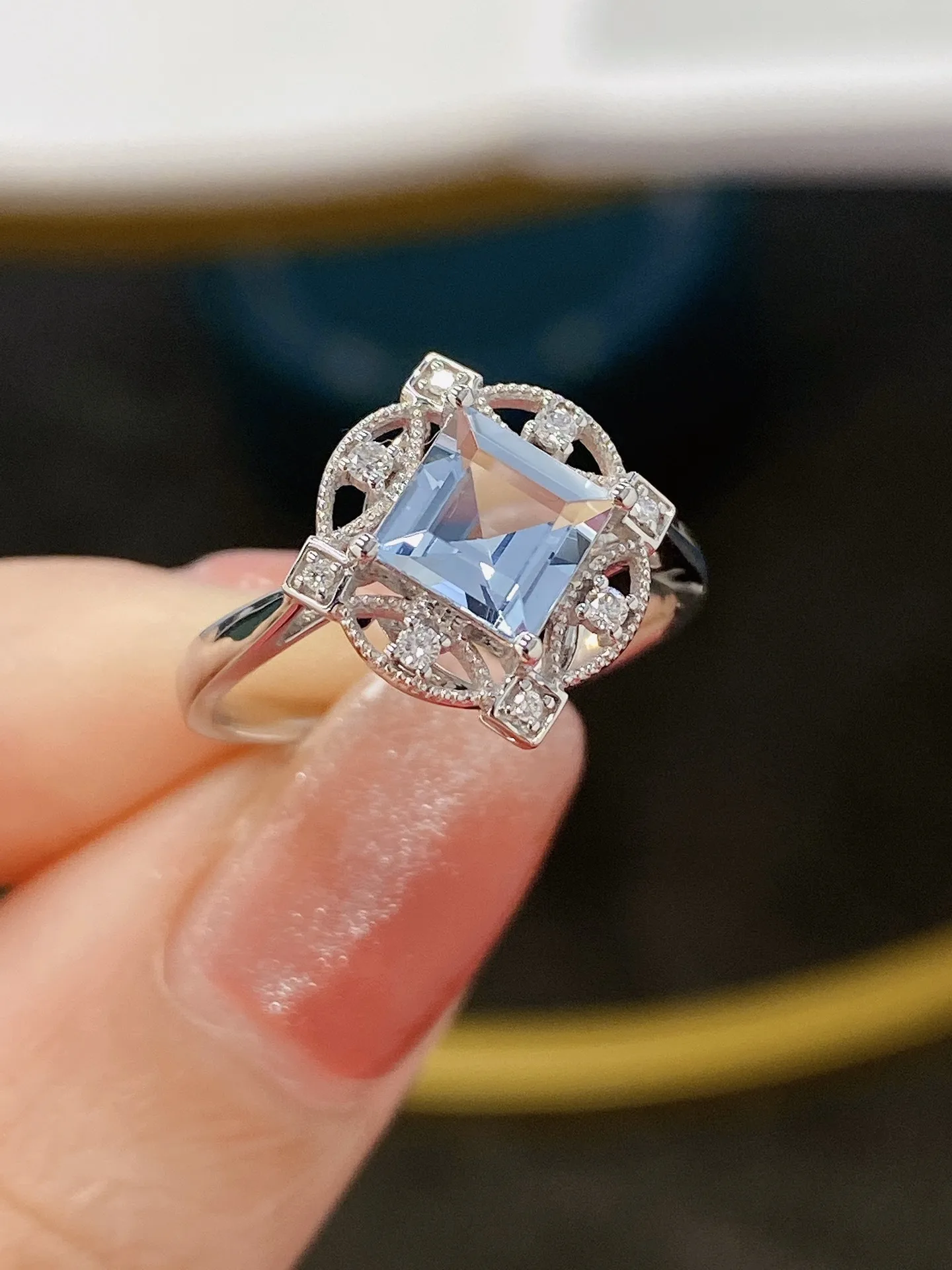 925 Stamp New Trend Hollow Ring Temperament Aquamarine Square Light Blue Zircon Jewelry Party Birthday Jewellery Gift