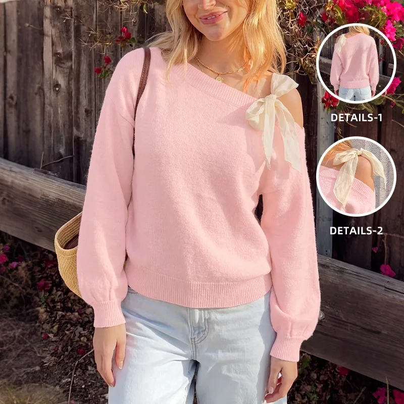 Sweet Lace Up Bow Long Sleeve Soft Sweater Women Autumn Winter New Chic Off Shoulder Pullovers Tops Korean Style Casual Knitwear