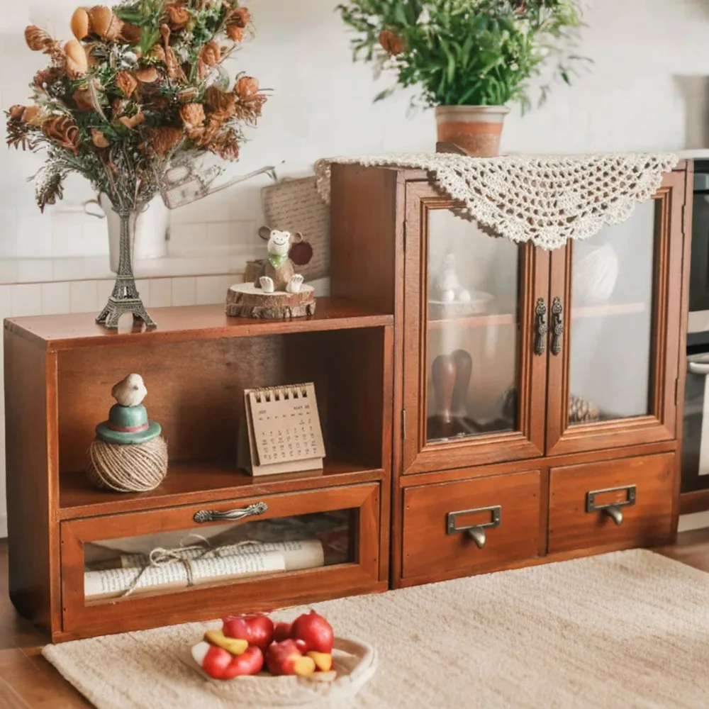 Vintage Retro Wooden Cosmetics Organizer Desktop Cup Display Box Household Sundries Holder Old Fashioned Style Makeup Storage Ca