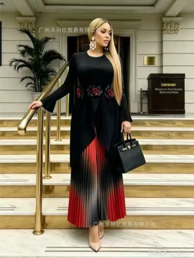 EGRM Wide Leg Pants Two-Piece Sets Fashion 3D Floral Elegant Party Gradient Color New Miyake Pleated Plus Size Women's Clothing