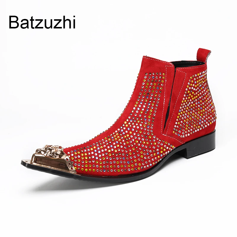 Batzuzhi Designer's Rhinestones Leather Ankle Boots Man with Iron Toe Slip on Men's Leather Ankle Boots Man Wedding, Party Botas