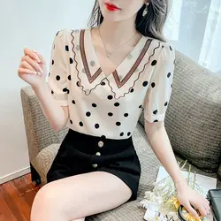 Floral Chiffon Thin Blouse Summer New Short Sleeve Polka Dot Loose Printing Elegant Shirt Tops Fashion Sweet Women Clothing