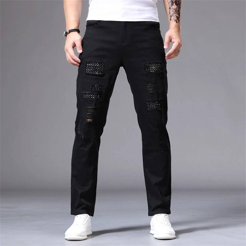 

High Quality Denim Trousers Men's Jeans Small Feet Elastic Pants Slim Patch Decorated Casual Style Fashionable Male Denim Pants