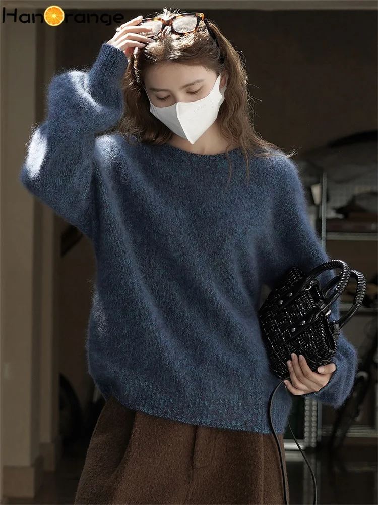 

HanOrange 2025 Winter Casual Lazy Style Silhouette O-neck Wool Sweater Women Loose Skin Friendly Top Grey/Blue