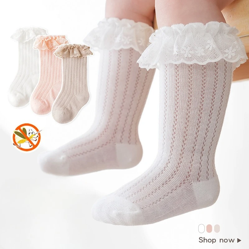 Summer Lace Ruffle Baby Long Socks Children Princess Style Long Stockings Kids Toddler Loose Mesh Stockings Thin Cotton Socks