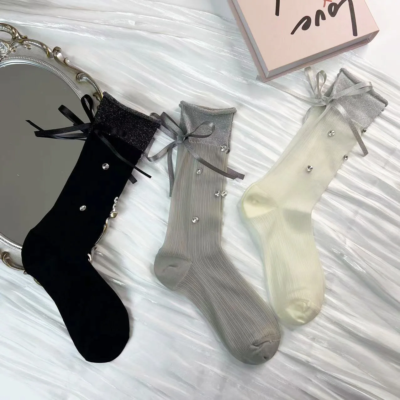 New butterfly bow mid tube thin stacking socks with rhinestone socks Female Fairy Socks