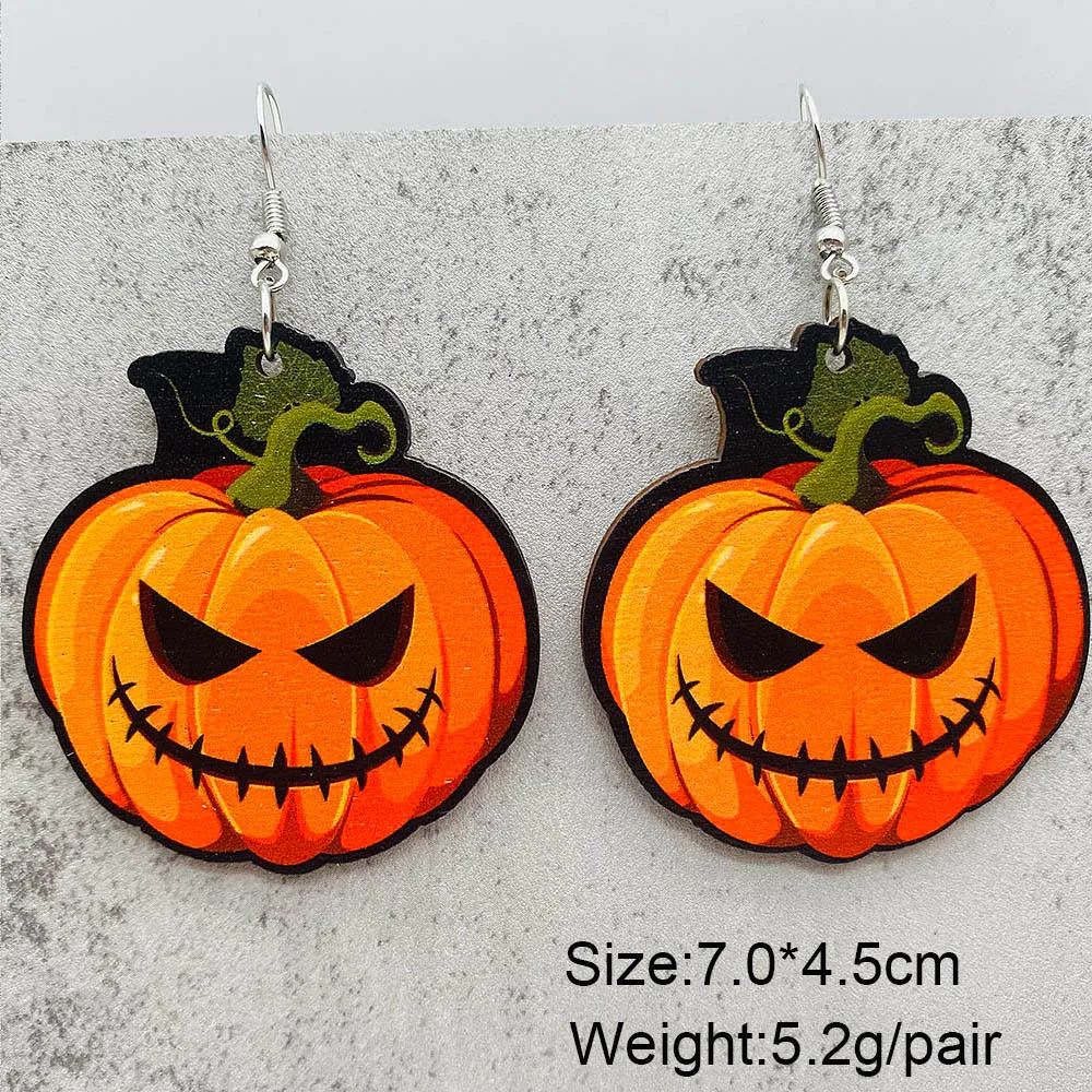 1 Pair Halloween Asymmetric Wood Acrylic Pumpkin Earrings Set for Women Christmas Jewelry Fashion Accessory