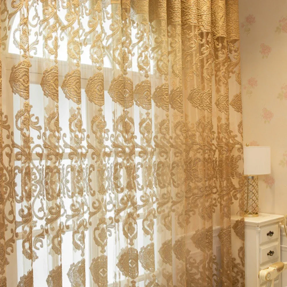 NAPEARL Luxury Embroidered Gold Jacquard Floral Sheer Curtains for Bedroom Window Drapes 1PC