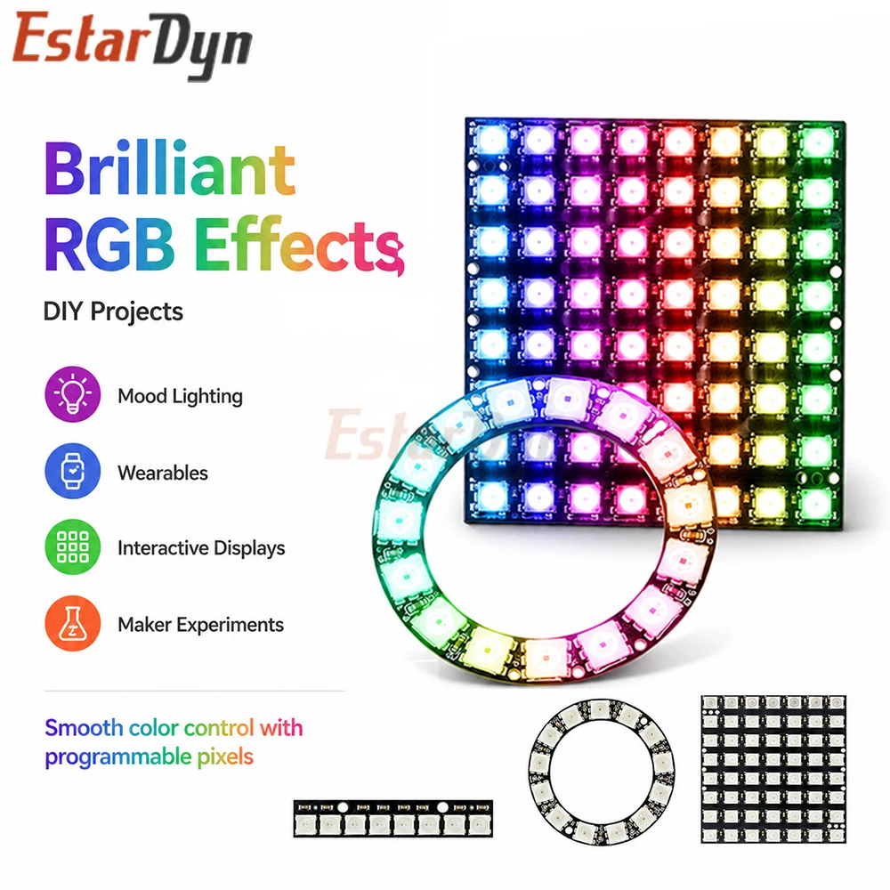 Estardyn WS2812/SK6812 Addressable 5050 RGB LED Round Ring Module 8/12/16/64 LEDs Built-in Driver for DIY Lighting Projects
