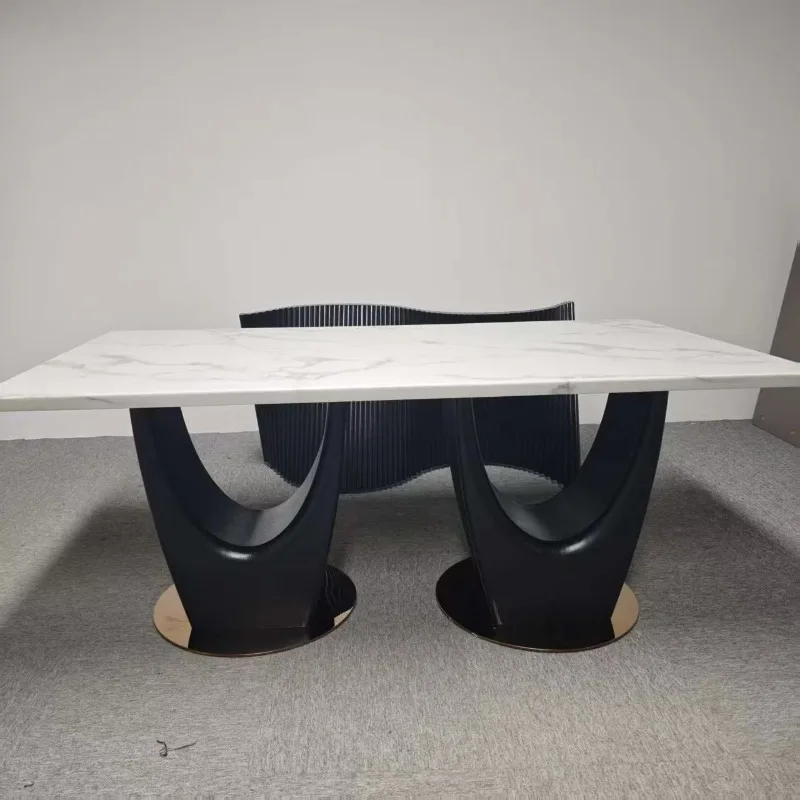 Modern minimalist pure white sintering stone rectangular dining table, home office and hotel furniture wooden