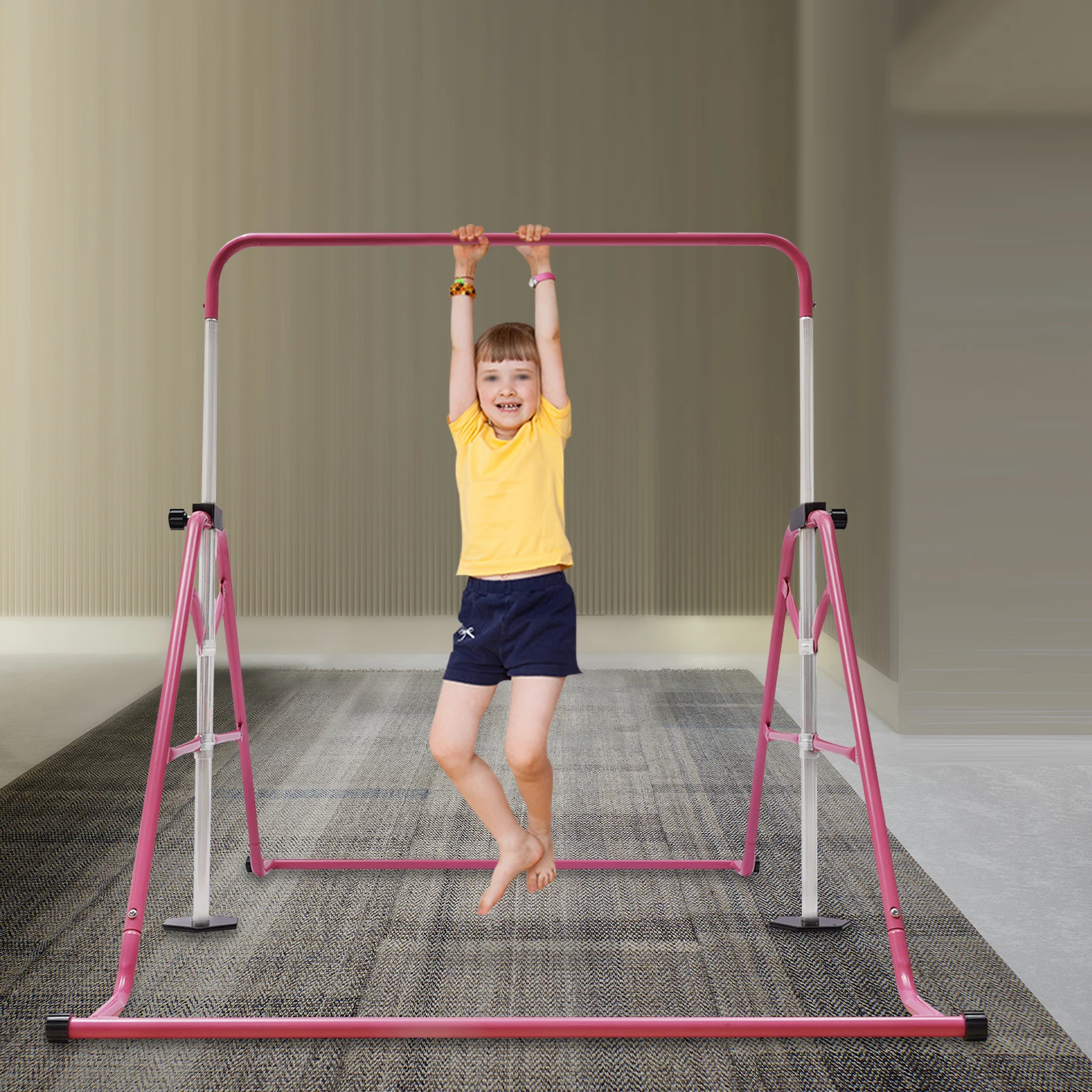 Children's Gymnastics Horizontal Bars Foldable Horizontal Bar Gymnastics Bar Training Fitness Height Adjustable Pink