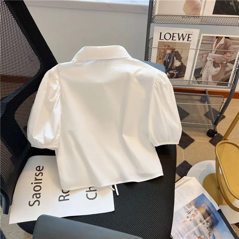 Bow Puff Short Sleeve Lace Up Blouse Blusas Mujer De Moda 2024 Verano Elegantes Slim Korean White Shirt Women New Crop Top