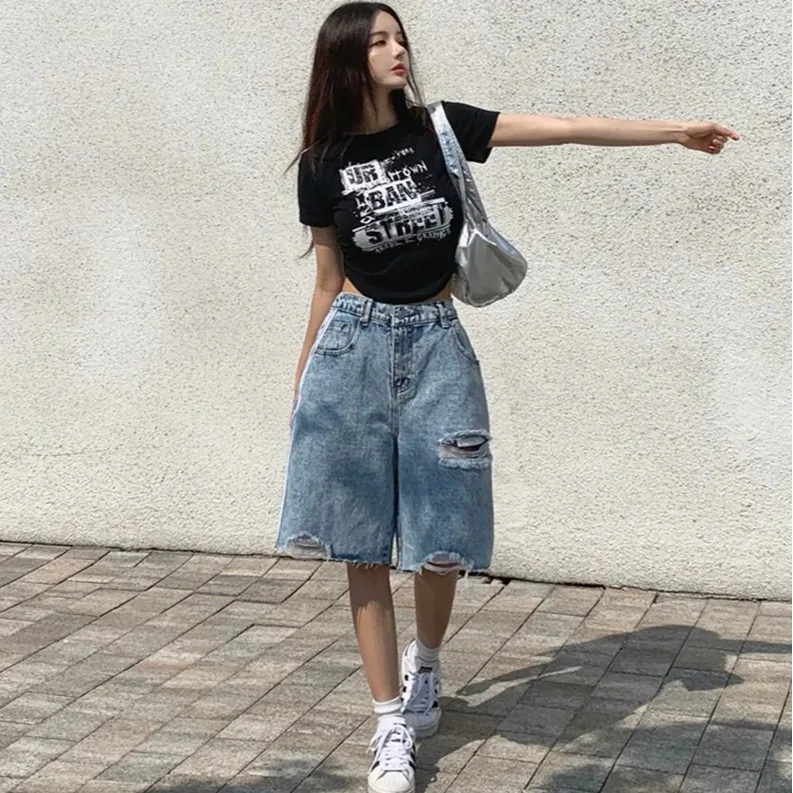 

Fashionable High Waist Distressed Wide Straight Leg Jeans Five Buttoned Cuffed Casual Cotton Denim Women's Spring Summer
