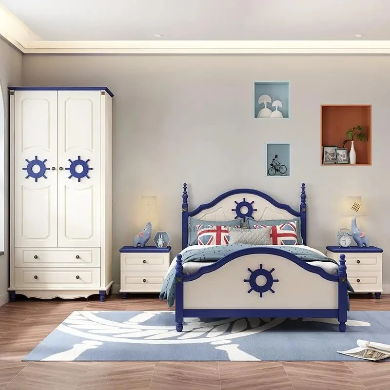 

American Country Style Children's Room Solid Wood Furniture Bedroom Blue Children's Bed And Wardrobe Desk Combination For Boys