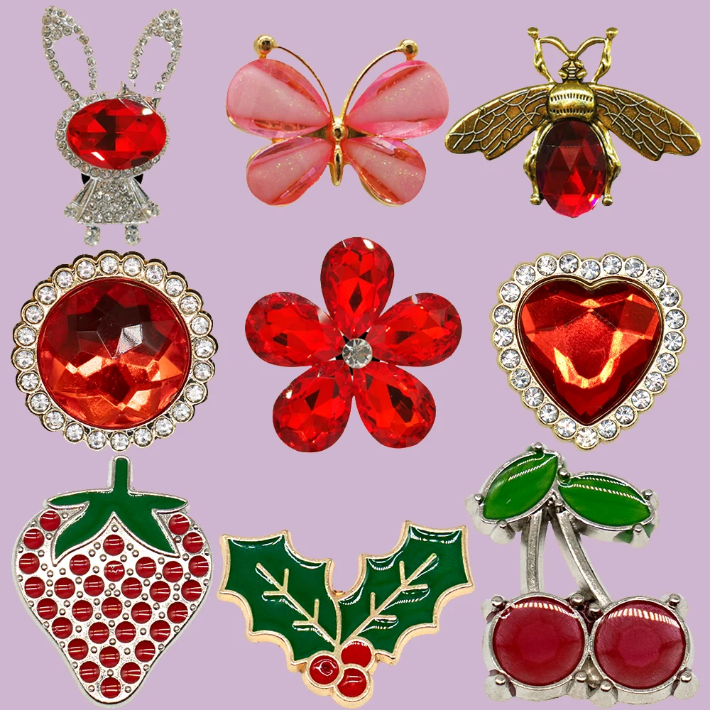 1/9PCS Red Sandal Pins For Women Girls Bling Metal Shoe Charms Butterfly Rabbit Gemstones Strawberry Cherry Shoe Decorations