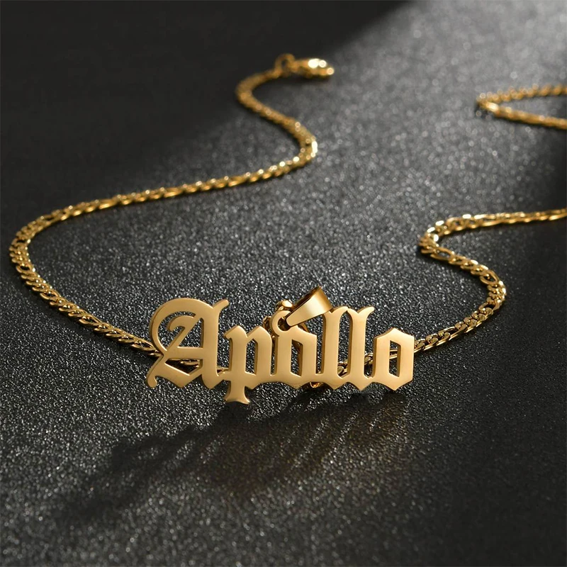 Goxijite Stainless Steel Personalized Big Name Necklace For Women Custom Nameplate Necklaces Figaro Chain Ketting Jewelry