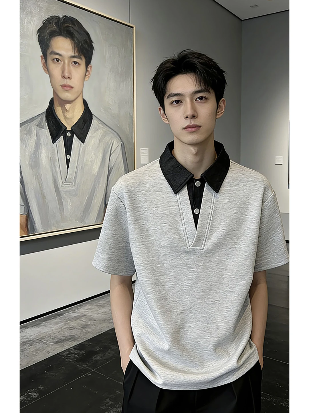 

ay irt Fake Two-Piece ort Sve Men's High-End Flip Collar T-irt Summer CleanFit oulder-Bearing f Sve