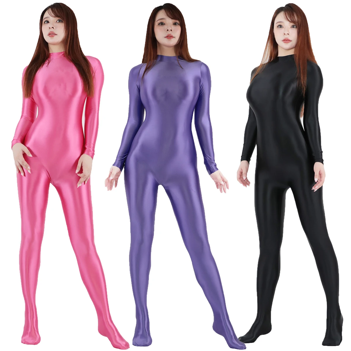 

Женский блестящий эластичный костюм зентай для йоги и фитнеса, цельный комбинезон, боди полной длины, колготки с длинными рукавами, комбинезон на молнии с высоким воротом