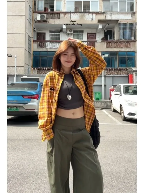 

Korean Style Yellow Plaid Shirt Jacket Women's Spring 2026 New Thin Long Sleeve Top Lazy Sun Protection Shirt Commute Style L...