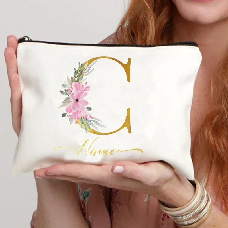 A-Z Personalized Custom Name Makeup Bag Alphabet Flower Makeup Case Bridal Toiletry Pouch Bridesmaid Gift Women Clutch Organizer