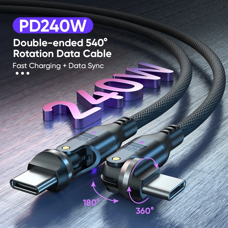 Cabo USB C para Tipo C de 240W, Dual 540 °   Cabo de Carregamento Rápido Rotativo 5A PD para iPhone 17/17Pro, Samsung Galaxy S23/S24 Ultra - Preto