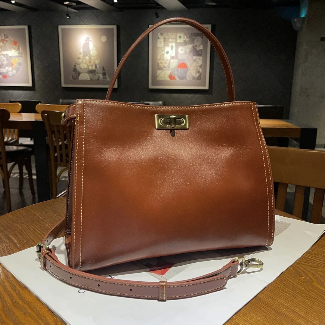 Oilwax Real Cow Leather Tote Bag Small Vintage Genuine Leather Handbag Women Fashion Ladies Shoulder or Crossbody Bag