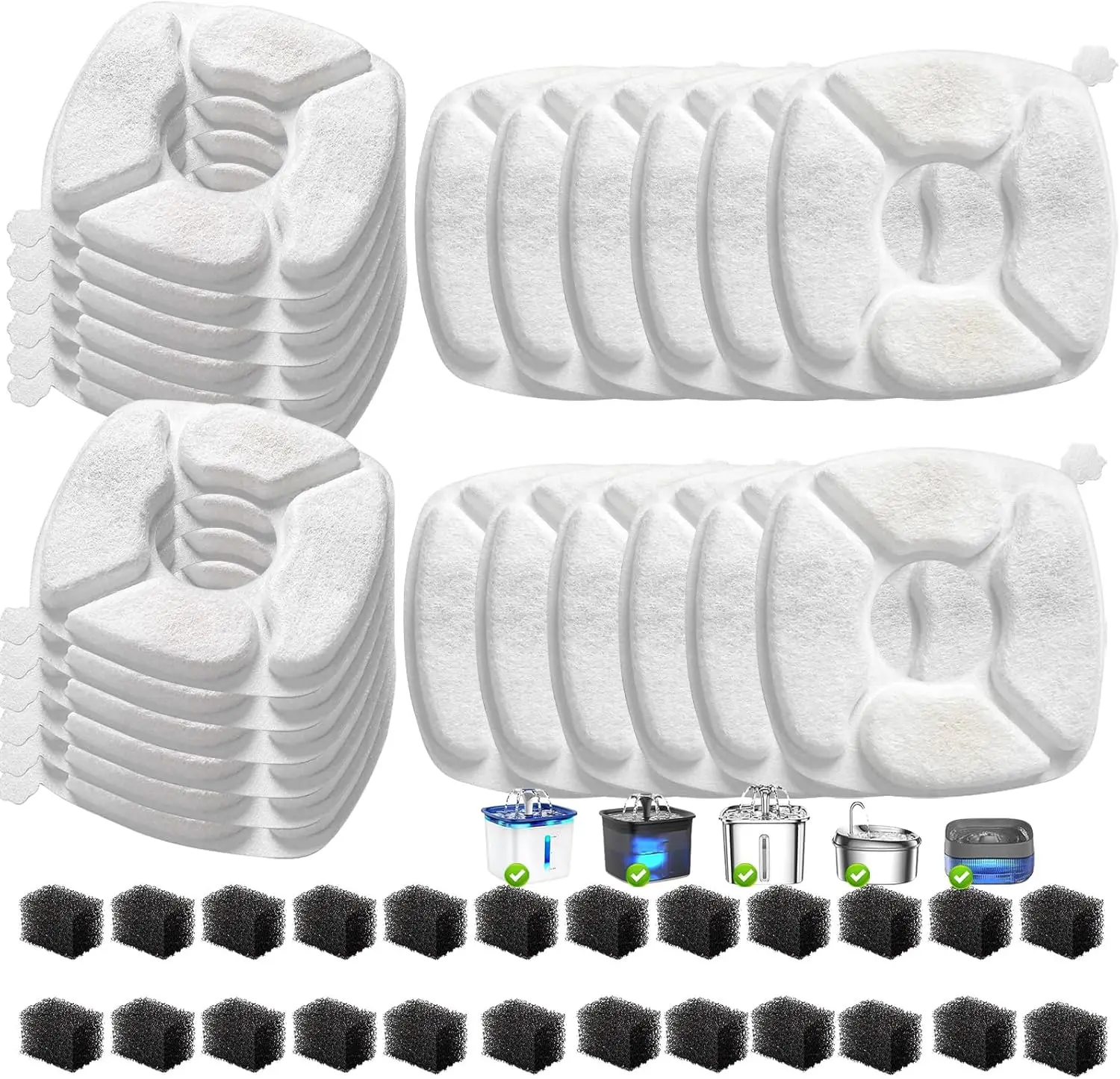 

48 Pcs Cat Water Fountain Filters with Sponges - Compatible with 67oz/2L, 95oz/2.8L, 135oz/4L Pet Fountains