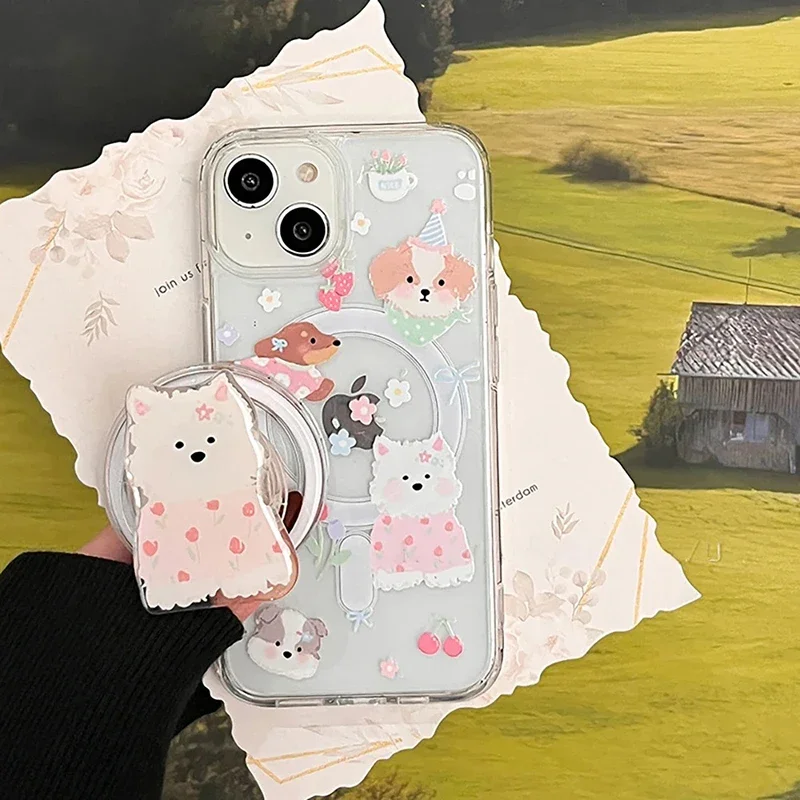Cute Dog Flower Magsafe Case For iPhone 16 15 14 Pro Max 11 12 13 Pro XS Max X XR 7 8 Plus Magnetic Stand Holder PC Clear Cover