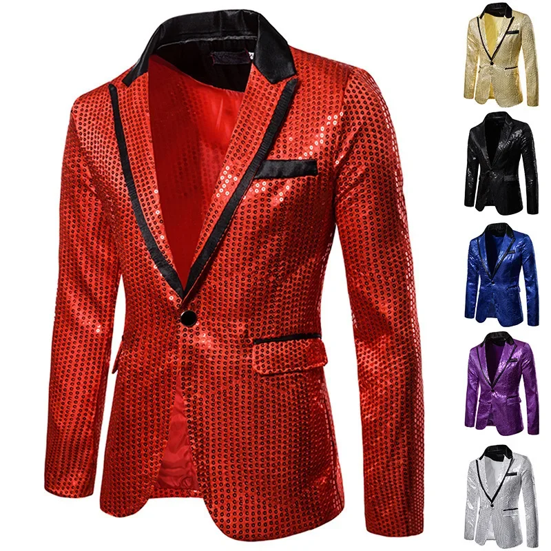 Men Nightclub Prom Suit Blazer Costume Shiny Gold Sequin Glitter Embellished Blazer Jacket Coat Homme Stage Clothes for Singers