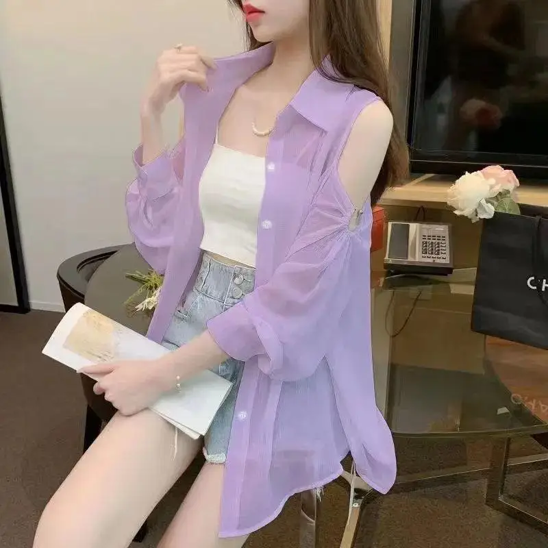 Fashion Lapel Button Solid Color Off Shoulder Chiffon Shirts Female Clothing 2024 Summer New Loose Sweet Tops Casual Blouses