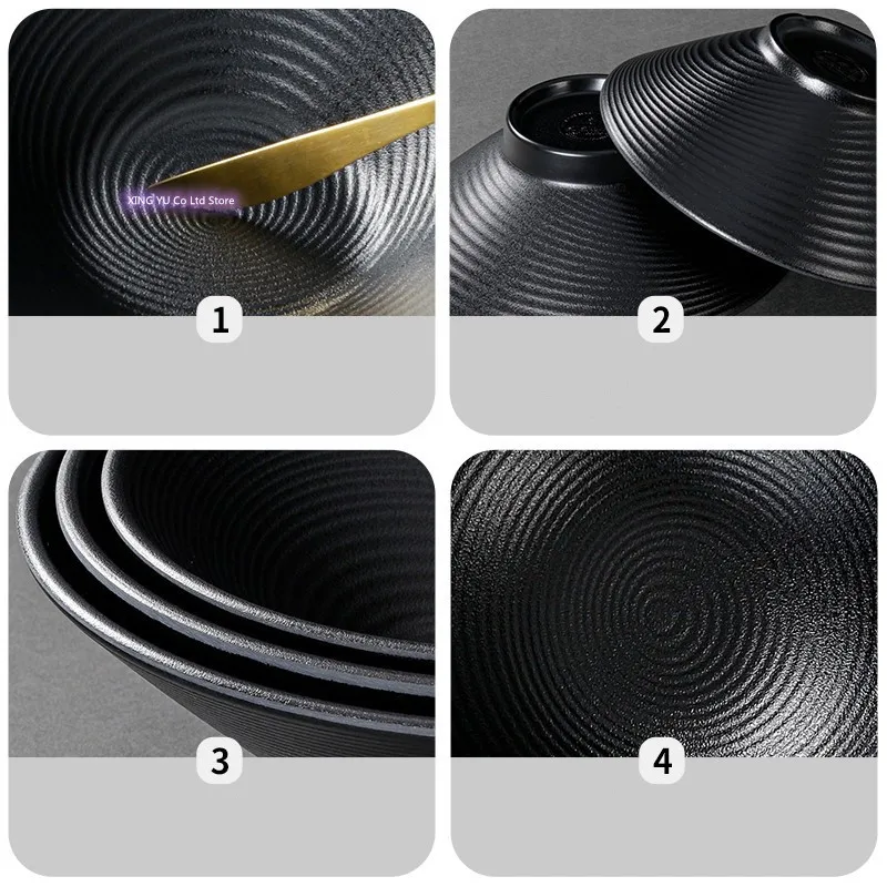 Melamine Tableware Black Matte Stripe Ramen Bowl Plastic Bowl Household Rice Bowl Salad Bowl Kitchen Supplies Multiple Choices