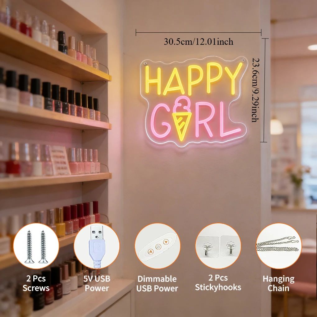 Happy Girl Neon Sign with Ice Cream G LED Light for Bedroom Girls Room Kawaii Home Decor Sweet Birthday Gift Cute Party Lighting
