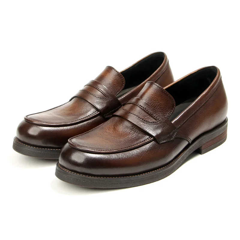 EURO Size 38-44 British Men's Vintage Polished Old Slip On Leather Flat Shoes Top Layer Cowhide Casual Simple Loafers