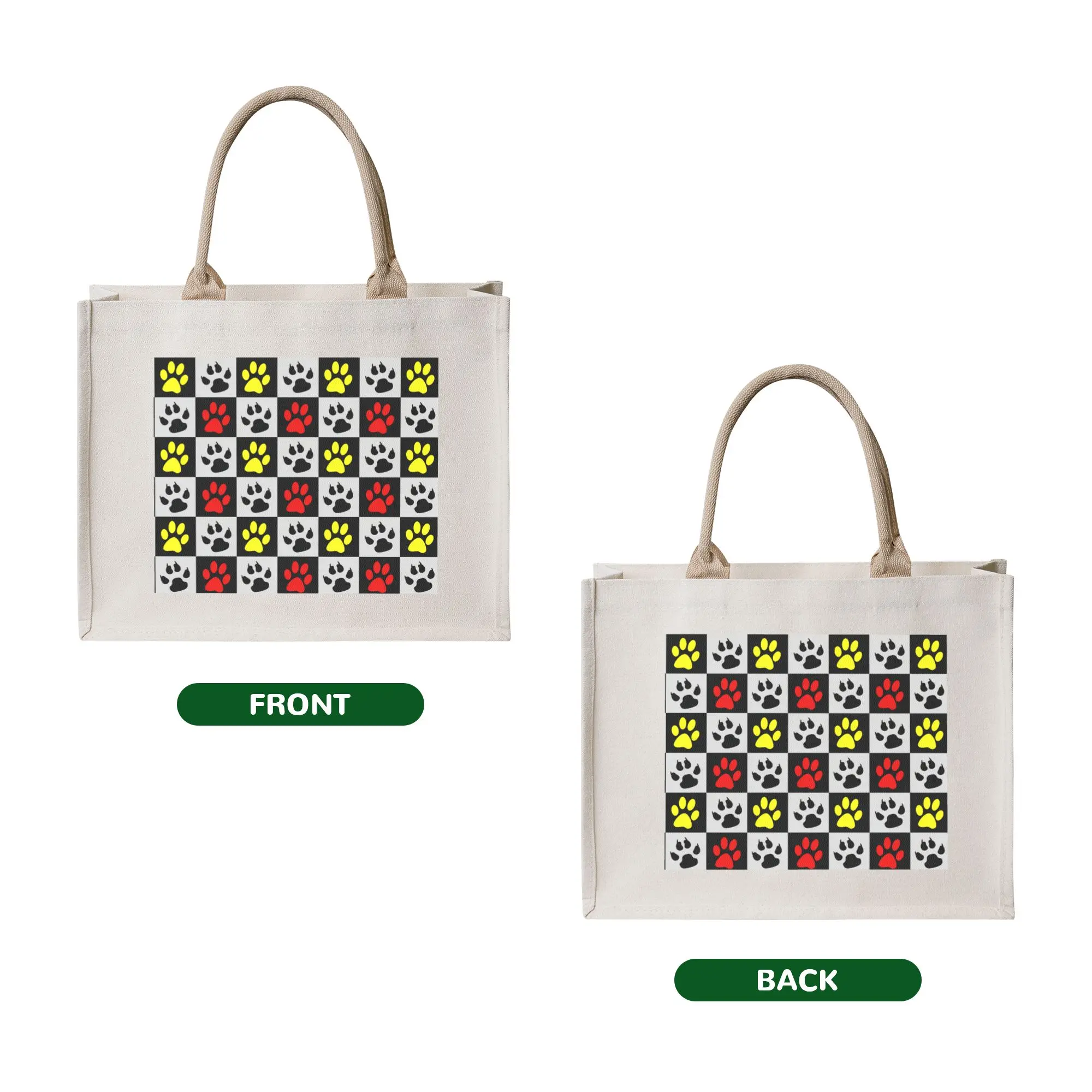 Recycling Checkered Red Yellow Black Paw Shopping Bag Women Tote Bag Portable  Grocery Shopper Bags