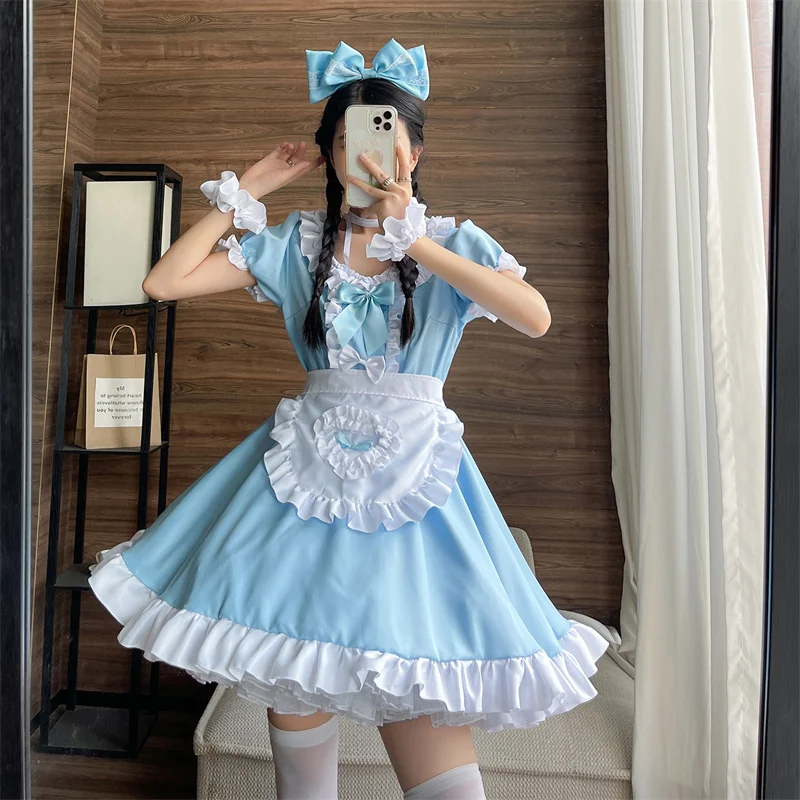 Kawaii Sexy Blauwe Meid Rok Strik Kant Lolita Vrouwen Prinses Pompjurk Grote Maat S-5XL Konijntje Meisje Uniform Cosplay Kostuum Pak