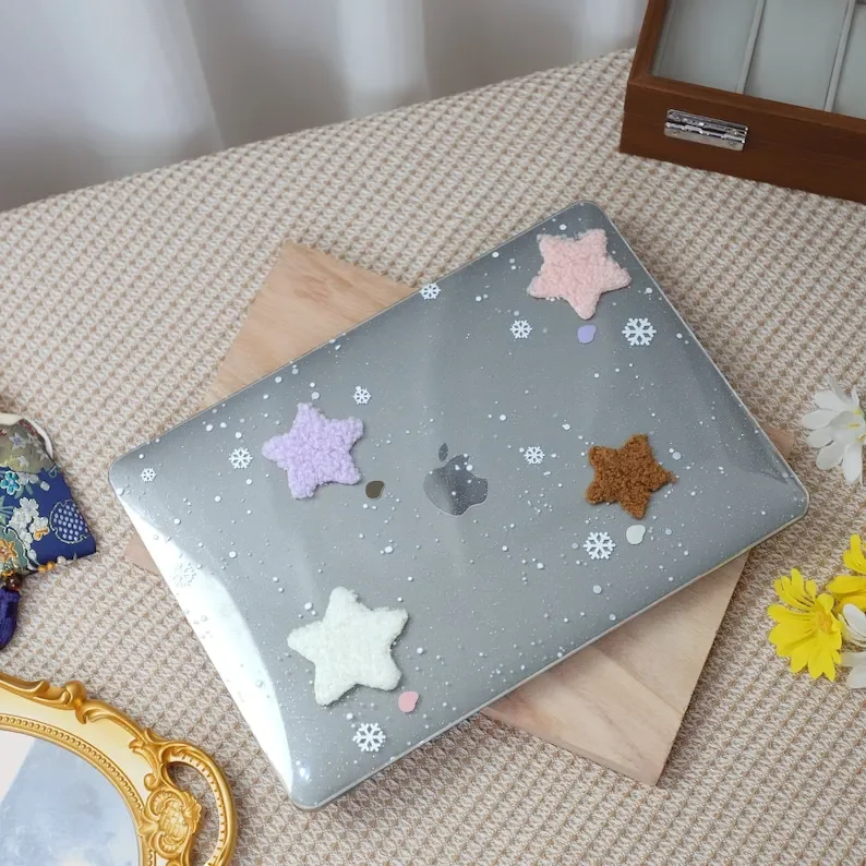 New Sparkling Transparency Fluffy Stars MacBook Case, Fit 13 15 16Inch Laptop Hard Shell for MacBook Air 13/Pro13 Case Cover