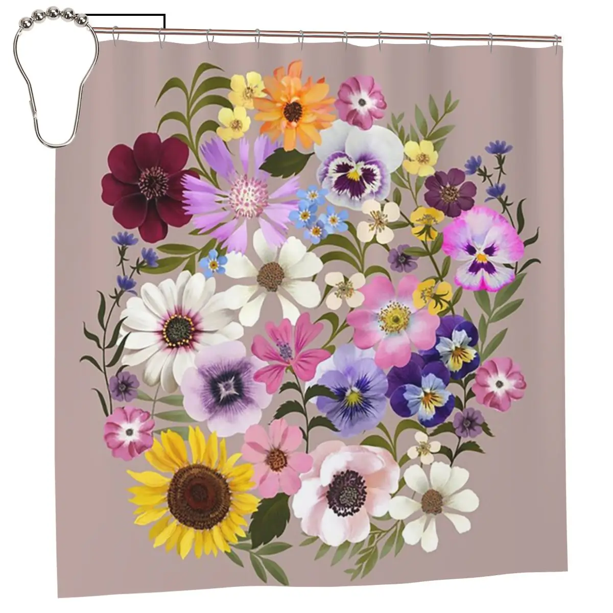 

Водонепроницаемая шторка для ванной комнаты из полиэстера с цветочным принтом «Весенняя садовая вечеринка» с крючками