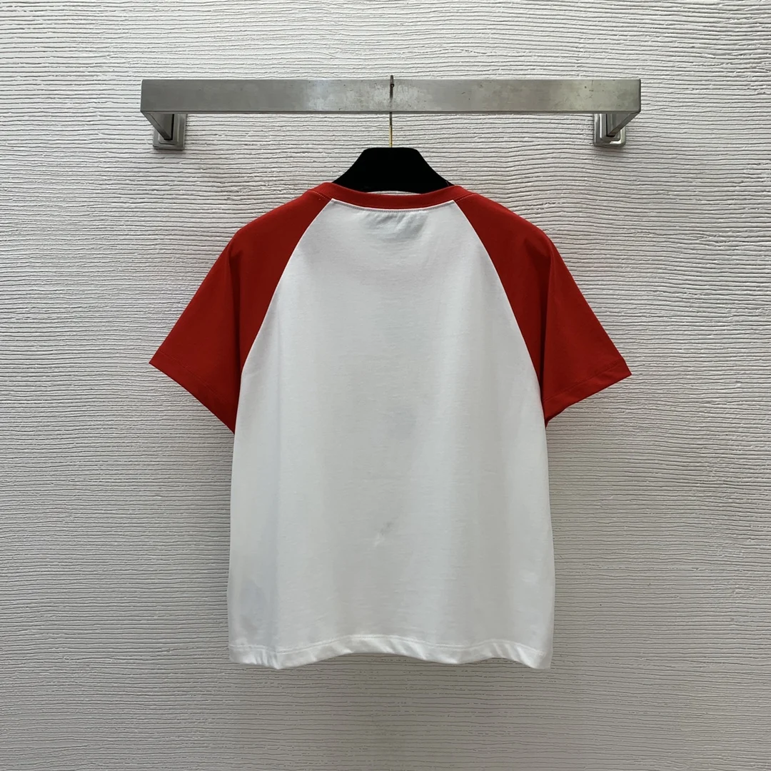 New Spring and Summer Strawberry Embroidered Contrast Color Short Sleeve T-Shirt Round Neck Cropped Top with Logo Print on Chest