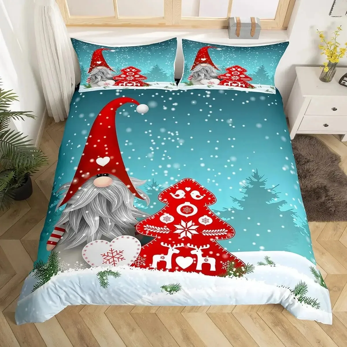 

Christmas Gnomes Duvet Cover Set Santa Claus Xmas Comforter Cover Merry Christmas Bedding Sets Winter Snow Holiday Quilt Cover