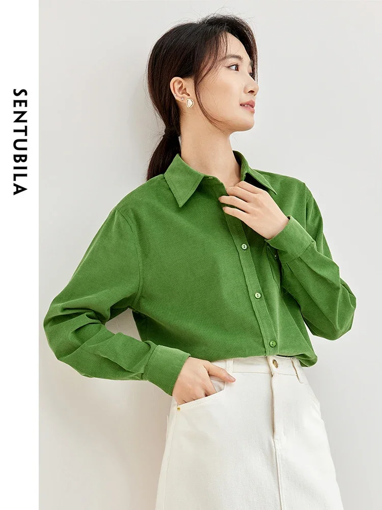 SENTUBILA Women\'s Cotton Corduroy Shirt Lapel Single Breasted Spring Green Loose Blouse Women 2024 Long Sleeve Top 133C51681