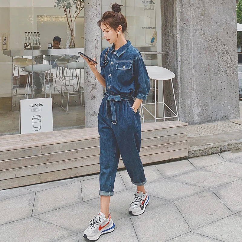 

Summer New Women's Denim Jumpsuit Slim Fit High Waist Nine Points Pants Set Faionable Cact Size Suit
