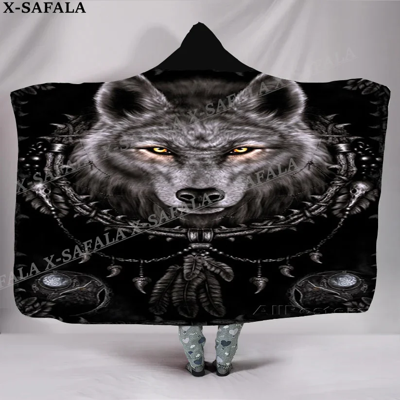 Symbol Viking Raven Tattoo Native Wolf Overcoat Hooded Blanket Coat Robe Fleece Men Women Cloak Thick Warm Windproof Wearable-3